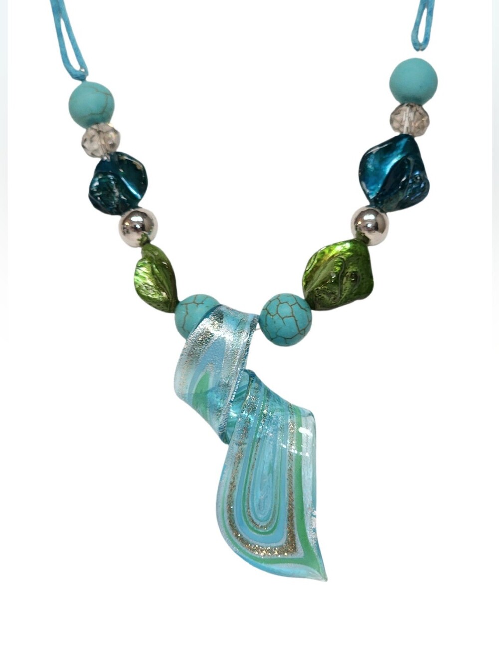 Erica Lyons Turquoise & Silver Glass Pendant Necklace with Green Accent Beads